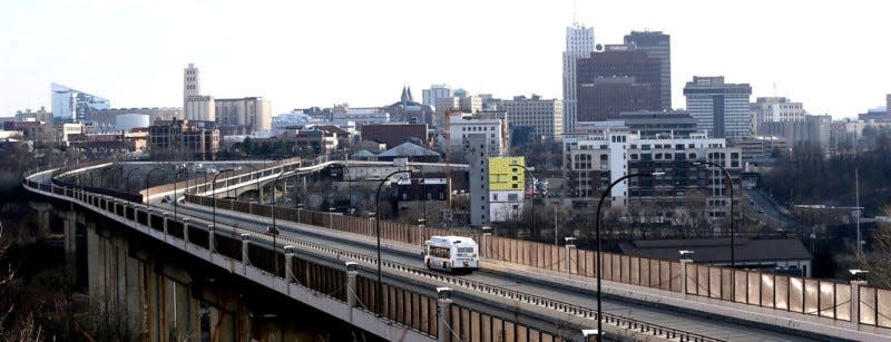 Skyline view of Akron looking across the All-American Bridge. (Akron Beacon Journal file photo)