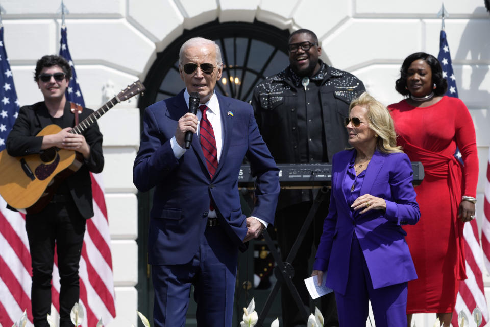 First lady Jill Biden and President Joe Biden greet riders at the Wounded Warrior Project's Soldier Ride on the South Lawn of the White House in Washington, Wednesday, April 24, 2024. (AP Photo/Susan Walsh)