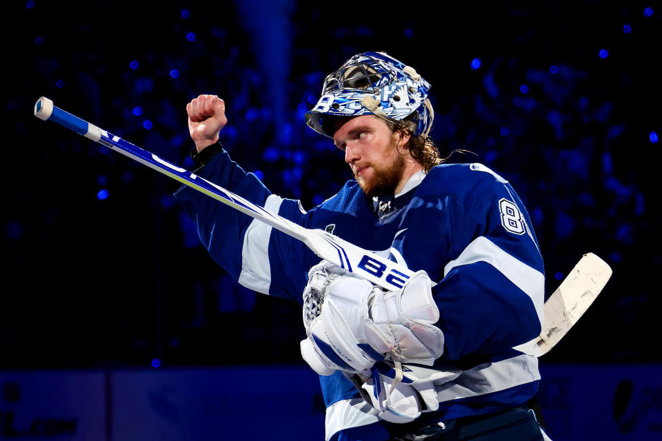 TAMPA, FLORIDA - JUNE 30: Andrei Vasilevskiy #88 of the Tampa Bay Lightning celebrates after defeating the Montreal Canadiens 3-1 in Game Two of the 2021 NHL Stanley Cup Final at Amalie Arena on June 30, 2021 in Tampa, Florida. (Photo by Bruce Bennett/Getty Images)