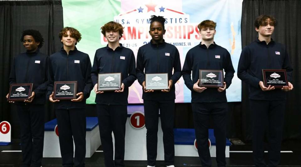 Xavier Harper came home with three gold medals from USAG National Championships in Des Moines, Iowa. He was also named to both trampoline and tumbling Junior National teams.