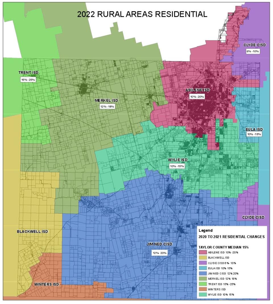 Map of expected property value increases in rural residential areas in Taylor County, based on preliminary numbers.