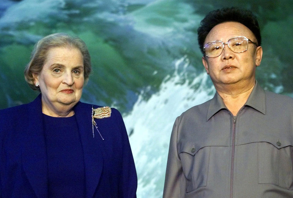 Then-North Korean Leader Kim Jong Il, right, and then U.S. Secretary of State Madeleine Albright stand at the Pae Kha Hawon Guest House in Pyongyang, North Korea on Oct. 23, 2000.