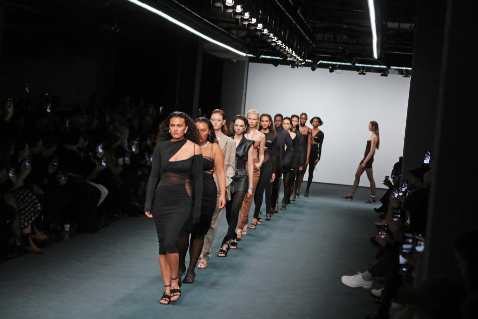 Models walk the runway at the Nensi Dojaka fall 2022 Show during London Fashion Week.