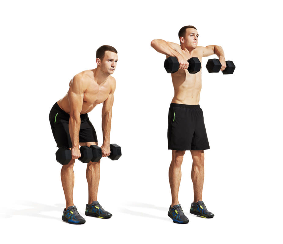 How to Do It:<ol><li>Stand with feet hip-width apart, holding two dumbbells in front of your body with palms facing you. </li><li>Bend your knees and hinge at your hips so the weights hang just above your knees. </li><li>Explosively extend your hips as if jumping and pull the weights up to shoulder level with elbows wide apart, as in an upright row. That's 1 rep.</li></ol>