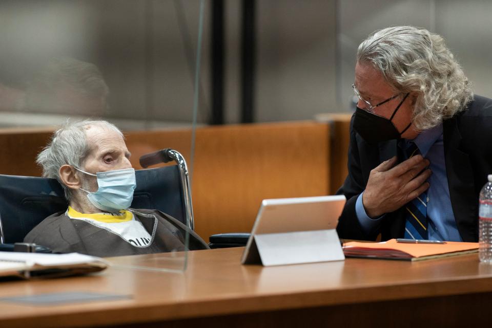 Robert Durst (L) is seen seated next to defense attorney David Chesnoff during his sentencing hearing at the Airport Courthouse in Los Angeles on October 14, 2021. - US real estate scion Robert Durst was sentenced October 14 to life in prison with no possibility of parole for the killing of his best friend Susan Berman. Durst, a multi-millionaire who was the subject of an explosive HBO documentary entitled 