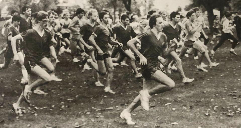 Watertown runners Bobby Coyle (left), Mike Stinson (front center) and Brian Cordell (right of Stinson) compete in the Watertown Invitational cross country meet in the fall of 1986 at the Watertown Golf Course.