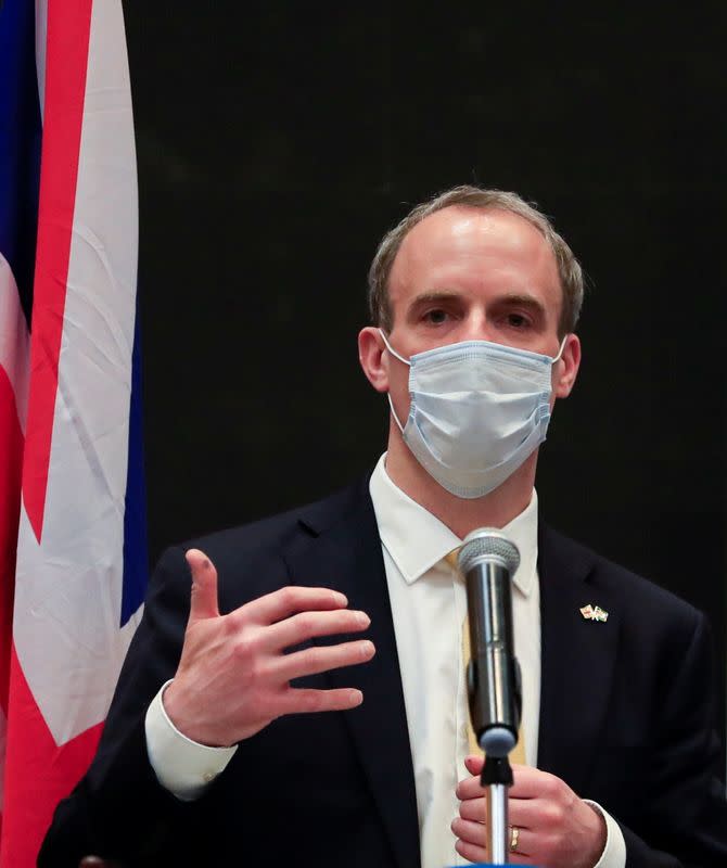 Britain's Foreign Affairs Secretary Dominic Raab addresses a news conference in Nairobi