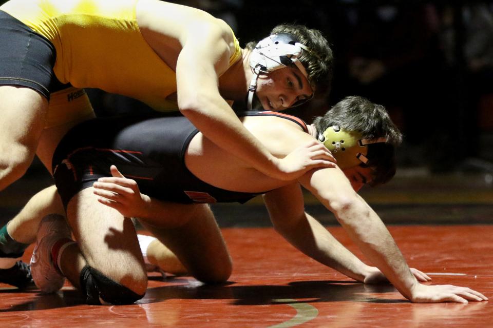 Vincenzo LaValle (top), of Hanover Park, takes on Anthony Moscatello, of Mount Olive, at the Morris County Wrestling Tournament.  LaValle went on to be victorious in the190 pound weight class. Sunday, January 30, 2022