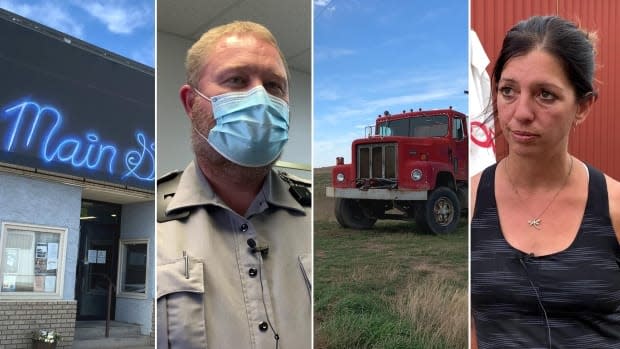 The county of Forty Mile has Alberta's second lowest percentage of first doses for those aged 12 and up at 45 per cent. Stewart Payne, the county's director of emergency services, second from left, says the county has set up vaccination clinics and posted information online to encourage vaccine uptake. Charlene Rosse, owner of Bobby's Bar and Restaurant in Bow Island, Alta., right, worries her establishment may not make it through the latest round of restrictions. (Joel Dryden/CBC - image credit)