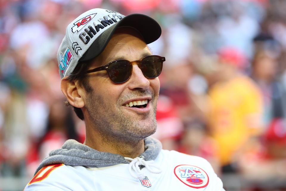 Actor Paul Rudd on the sidelines before Super Bowl 57 at State Farm Stadium.