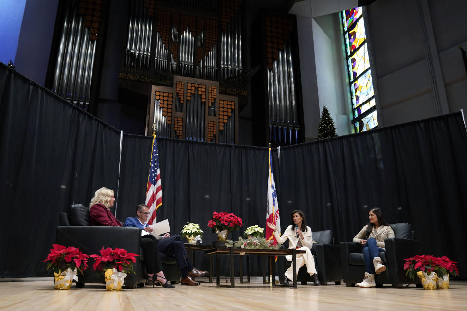 Republican presidential candidate former United Nations Ambassador Nikki Haley, second from right, speaks during U.S. Rep. Randy Feenstra's, R-Iowa, Faith and Family with the Feenstras event, Saturday, Dec. 9, 2023, in Sioux Center, Iowa. (AP Photo/Charlie Neibergall)