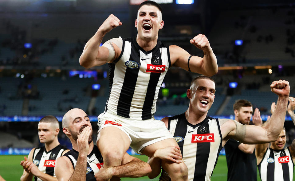 Brayden Maynard, pictured here after Collingwood's win in his 300th AFL game.