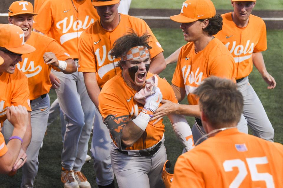Tennessee’s Drew Gilbert runs home after hitting a three-run homer during the NCAA Baseball Tournament Knoxville Regional between the Tennessee Volunteers and Campbell Fighting Camels held at Lindsey Nelson Stadium on Saturday, June 4, 2022.