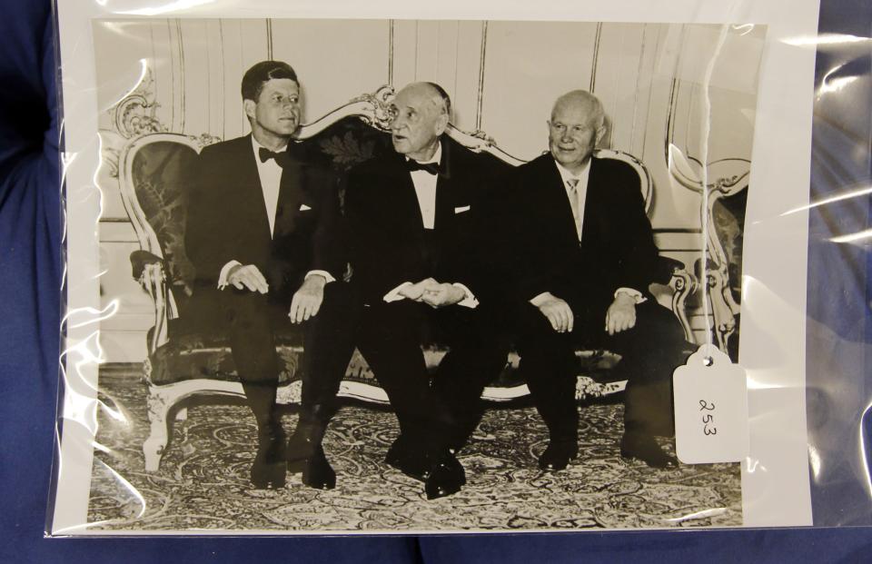 <p>John F. Kennedy sits with Austrian President Adolf Shaerf and First Secretary of the Communist Party of the Soviet Union Nikita Khrushchev (L-R) in a photo taken June 3, 1961. </p>