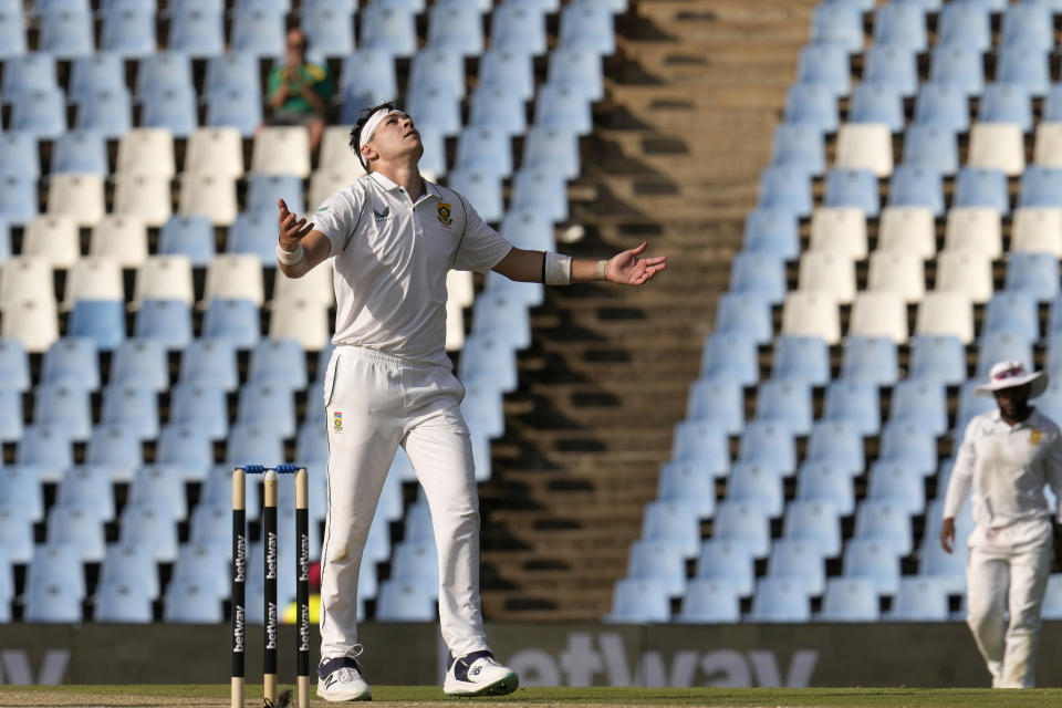 South Africa's bowler Gerald Coetzee reacts after dismissing West Indies's batsman Shannon Gabriel for 7 runs during the second day of the first test cricket match between South Africa and West Indies, at Centurion Park in Pretoria, South Africa, Wednesday, March 1, 2023. (AP Photo/Themba Hadebe)
