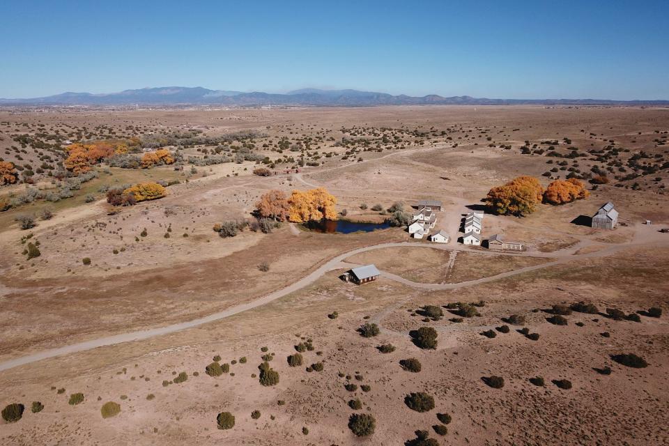 This aerial view shows buildings at the Bonanza Creek Ranch film set, near where a crew member was fatally shot during production of the western film 