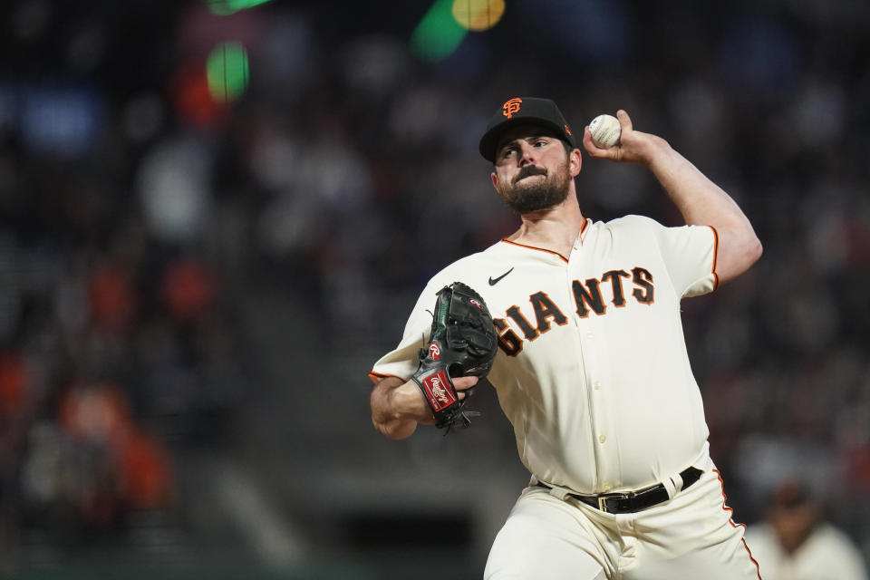 San Francisco Giants' Carlos Rodón pitches against the Arizona Diamondbacks during the fifth inning of a baseball game in San Francisco, Wednesday, Aug. 17, 2022. (AP Photo/Godofredo A. Vásquez)