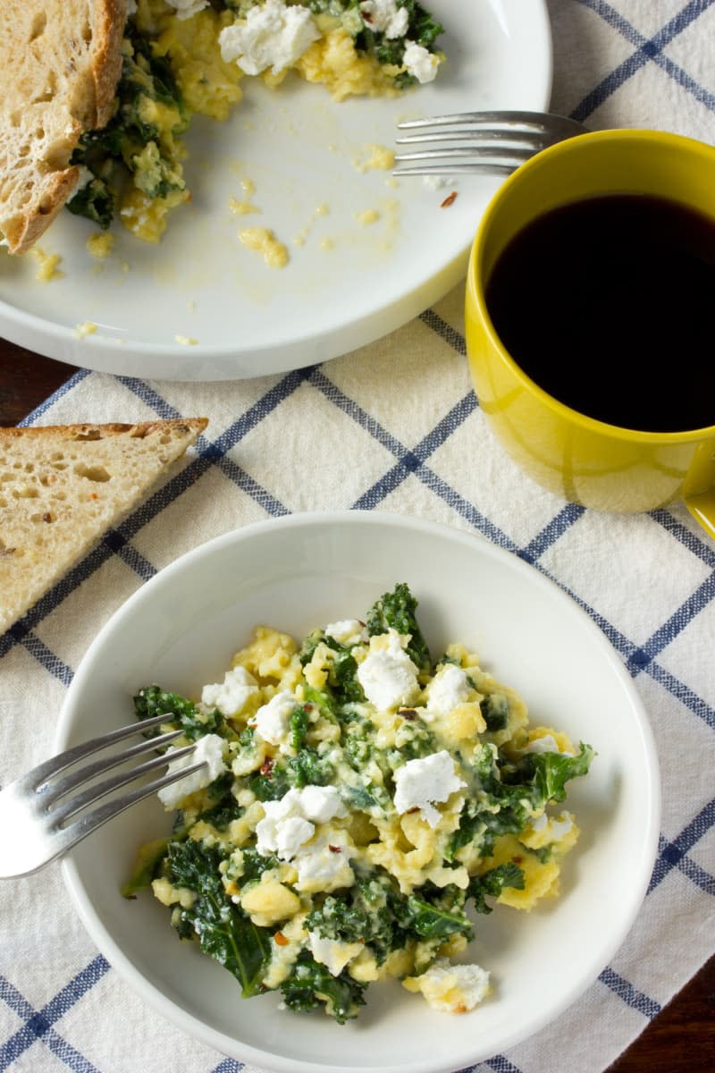 Scrambled Eggs with Goat Cheese, Greek Yogurt & Greens