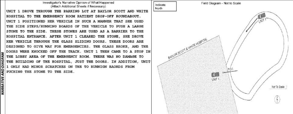 Excerpt from January 2024 Baylor Scott & White College Station crash report. It notes the car was able to “push a large stone (barrier) to the side.” (College Station Police Photo)