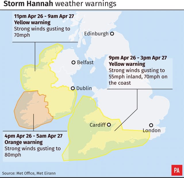 Storm Hannah weather warnings