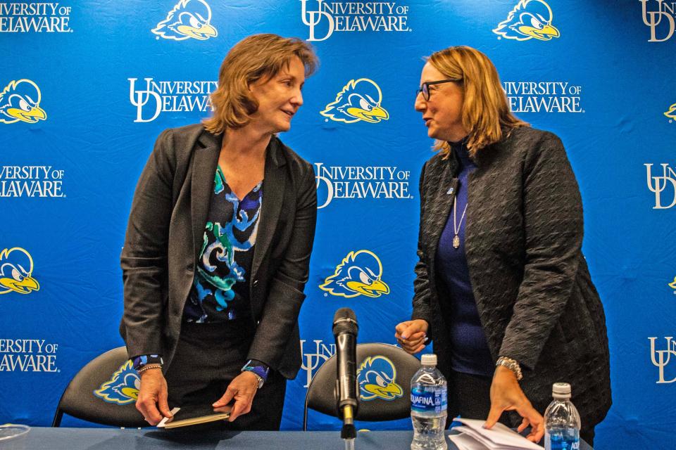 From left, C-USA Commissioner Judy MacLeod and UD athletic director Chrissi Rawak have a chat at the end of a press conference at UD's Whitney Athletic Center in Newark, Wednesday, Nov. 29, 2023. The University of Delaware formally announced at the press conference that it has accepted an invitation to join Conference USA as a full-league member effective July 1, 2025.