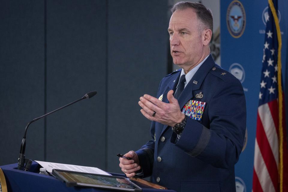 Pentagon spokesman U.S. Air Force Brig. Gen. Patrick Ryder speaks during a media briefing at the Pentagon, Friday, March 24, 2023, in Washington. (AP Photo/Alex Brandon)