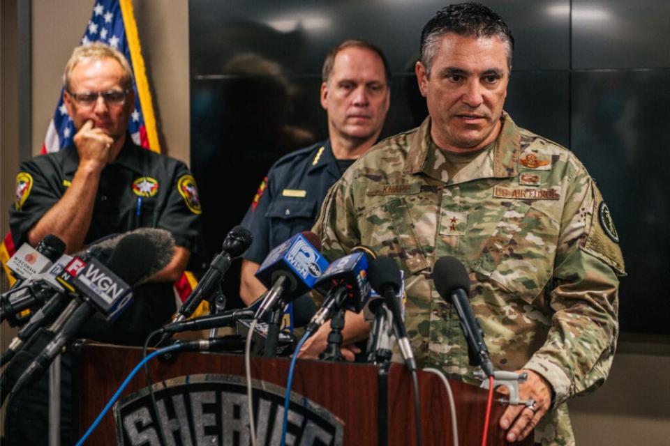 Maj. Gen. Paul E. Knapp, Adjutant General of the Wisconsin National Guard, speaks at a news conference on August 26, 2020 in Kenosha, Wisconsin. Kenosha’s mayor, National Guard Sargent, county executive, police chief, and other local officials held a news conference to discuss the recent civil unrest surrounding the police shooting of Jacob Blake. (Photo by Brandon Bell/Getty Images)