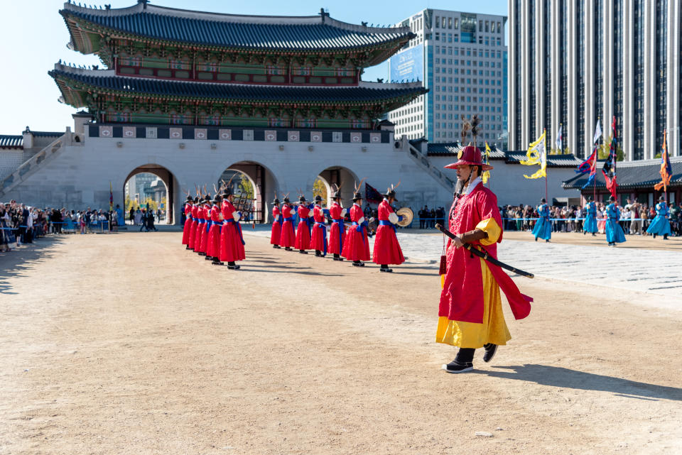 Seoul, South Korea - November 04, 2019: The Royal Guard-Changing Ceremony Gyeongbokgung Palace. The Royal Guard-Changing Ceremony is a great opportunity to experience a rare traditional scene in Korea.