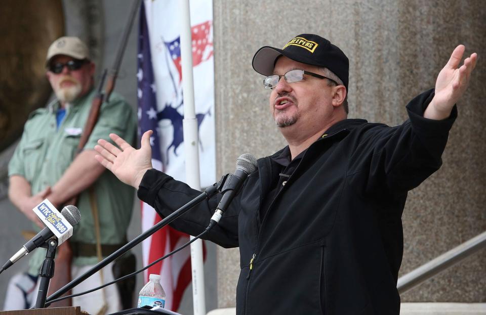 Stewart Rhodes, the founder of Oath Keepers, speaks during a gun rights rally at the Connecticut State Capitol in Hartford, Conn., April 20, 2013. (Jared Ramsdell/Journal Inquirer via AP)