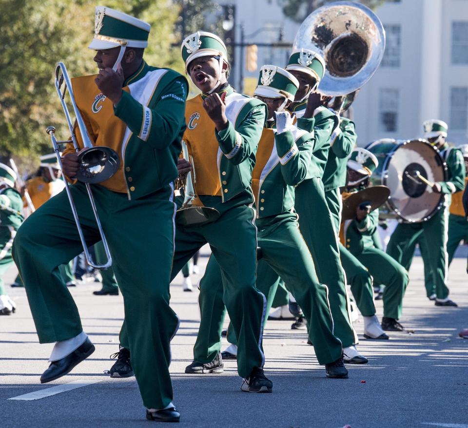 The Carver High School marching band performs in the Turkey Day Classic Parade in downtown Montgomery, Ala. on Thursday November 23, 2017.