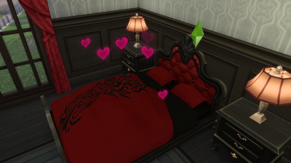 The Sims 4 - Hearts float above a bed where two Sims are beneath the covers together