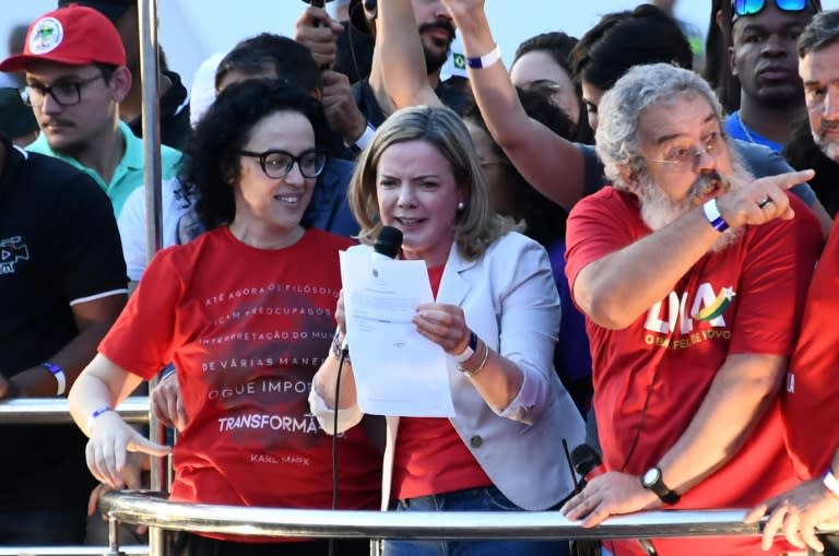 "Today is a very important date. We came here to register comrade Lula's candidacy despite those who didn't want it to happen," said Gleisi Hoffmann (center), head of the Workers' Party founded by Lula