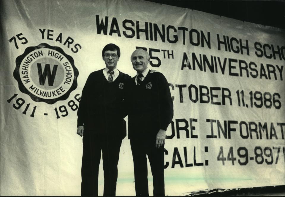 Milwaukee Brewers executive Bud Selig (left) and Milwaukee Bucks owner Herb Kohl helped kick off Washington High School's 75th anniversary in 1986. The two were childhood friends and college roommates.