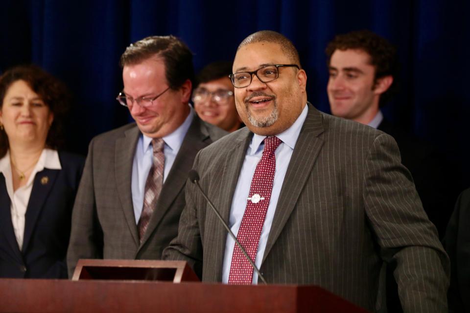 May 30, 2024; New York, NY, USA; May 30, 2024; Manhattan District Attorney Alvin Bragg Jr. speaks at a press conference on Thursday evening following the conviction of former President Donald Trump. The Republican presidential frontrunner was found guilty on 34 counts of falsifying business records, making him the first American president convicted of a crime. Mandatory Credit: Olivia Falcigno. Mandatory Credit: Olivia Falcigno-USA TODAY