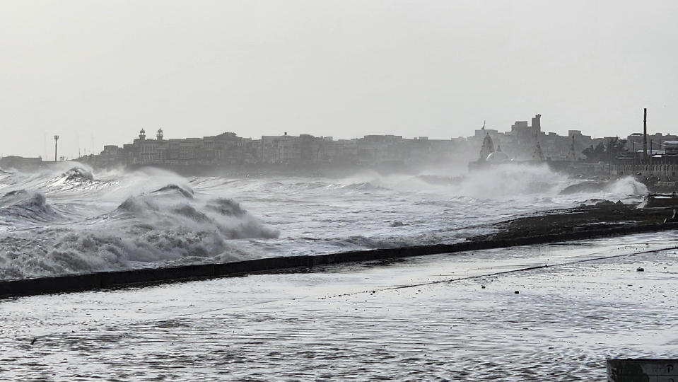 High tide waves hit the Arabian Sea coast in Porbandar, India, Sunday, June 11, 2023. Cyclone Biparjoy, the first severe cyclone in the Arabian Sea this year is set to hit the coastlines of India and Pakistan Thursday. (AP Photo)