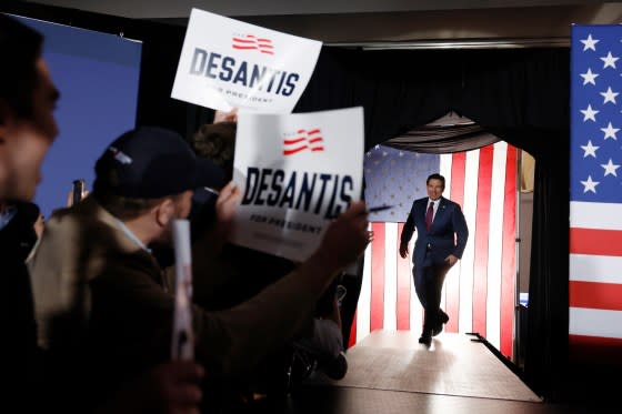 DeSantis walks on stage at his caucus night event on Jan. 15, 2024.<span class="copyright">Anna Moneymaker—Getty Images</span>