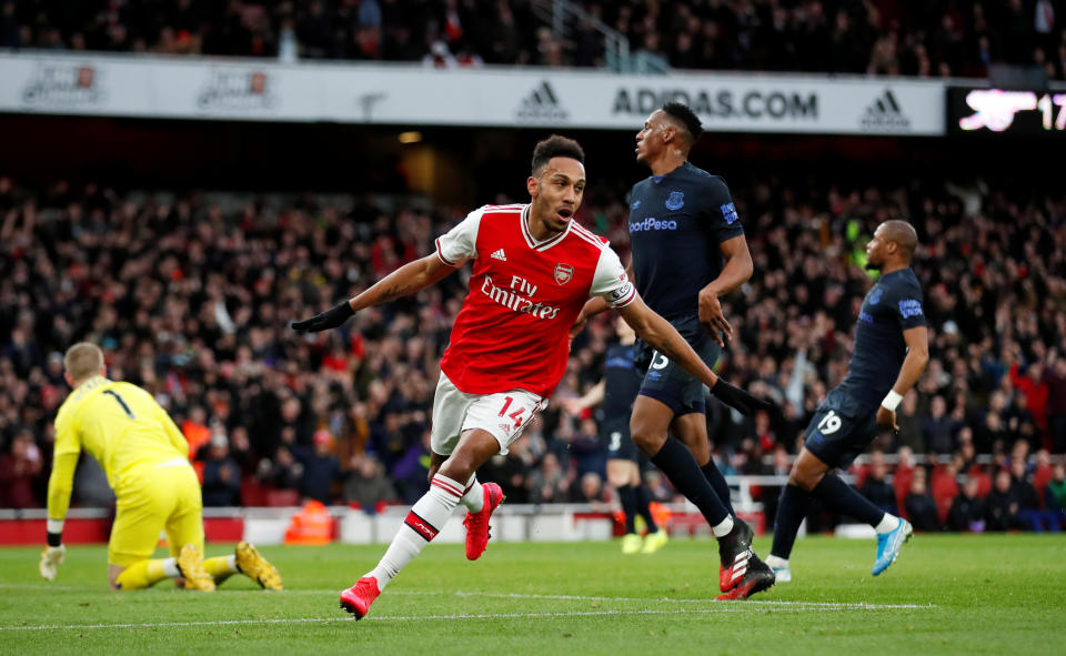Soccer Football - Premier League - Arsenal v Everton - Emirates Stadium, London, Britain - February 23, 2020  Arsenal's Pierre-Emerick Aubameyang celebrates scoring their second goal   Action Images via Reuters/Peter Cziborra  EDITORIAL USE ONLY. No use with unauthorized audio, video, data, fixture lists, club/league logos or "live" services. Online in-match use limited to 75 images, no video emulation. No use in betting, games or single club/league/player publications.  Please contact your account representative for further details.
