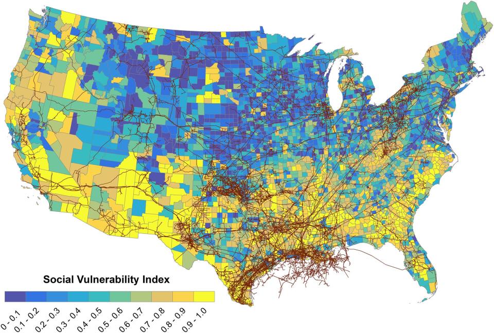 Researchers mapped pipelines and social vulnerability. Natural gas gathering and transmission pipelines in the mainland U.S., with social vulnerability index shown for each U.S. county. Yellow indicates high social vulnerability. One Alaska county is included in the statistical overview of the results but is not shown here.