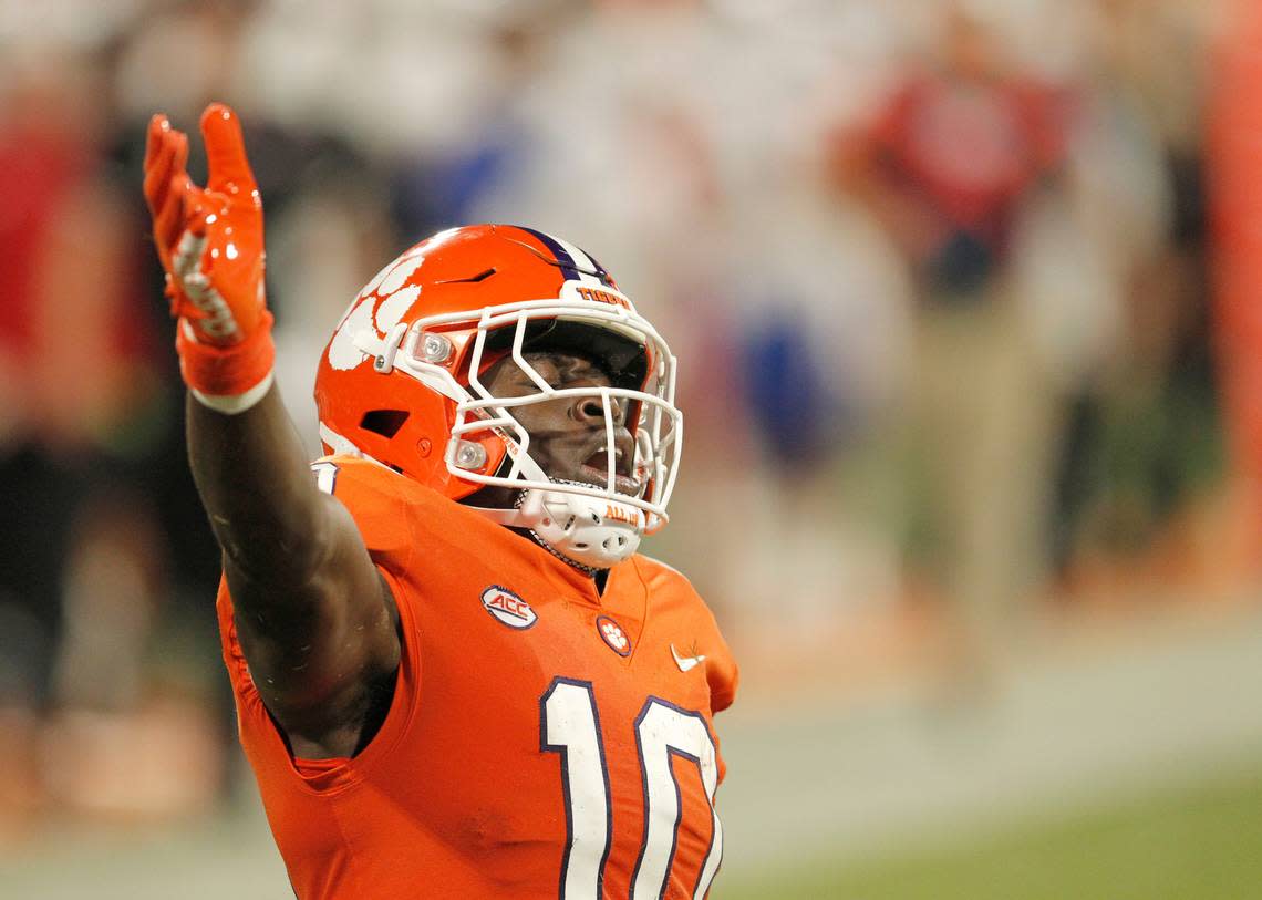 Clemson wide receiver Joseph Ngata (10) celebrates after making a big catch against La. Tech during first-quarter action in Clemson, S.C. on Saturday, Sept. 17, 2022.