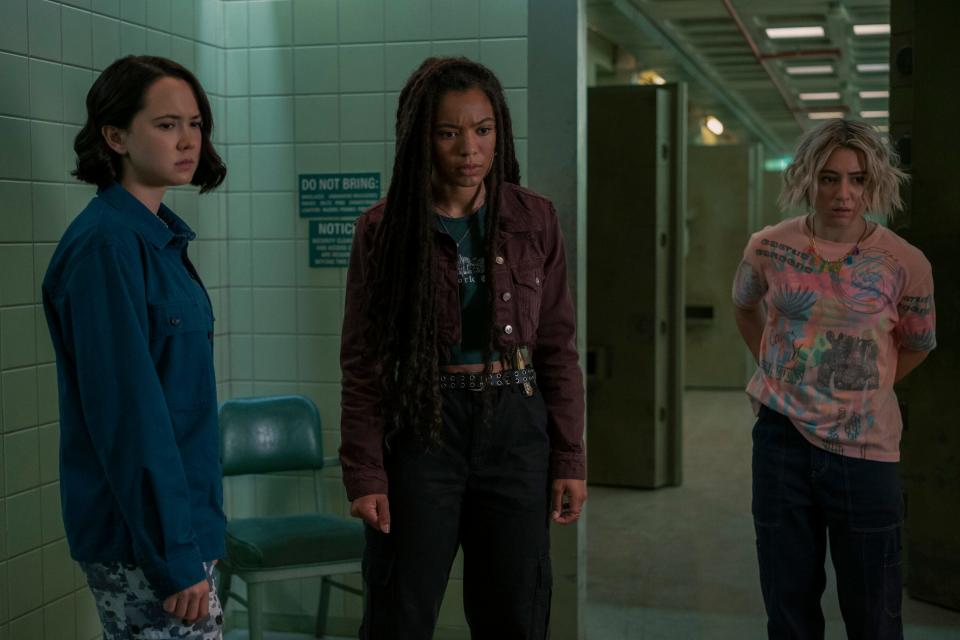 London Thor as Jordan, Jaz Sinclair as Marie, and Lizze Broadway as Emma on season one, episode eight of "Gen V."