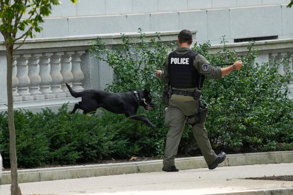 Scene at the Russell Senate Office Building, Wednesday, Aug. 2, 2023, on Capitol Hill in Washington. The Capitol Police swarmed Senate buildings Wednesday afternoon and advised people inside to shelter in place because of a report of a possible active shooter before later determining there had been no shooter.
