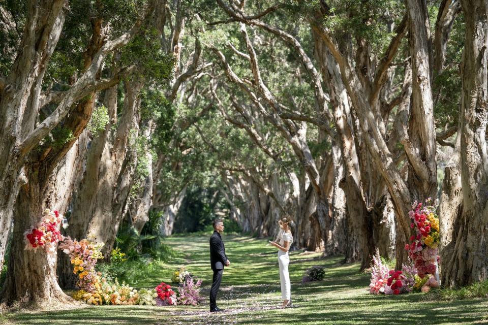 married at first sight australia's jono and lauren standing in trees