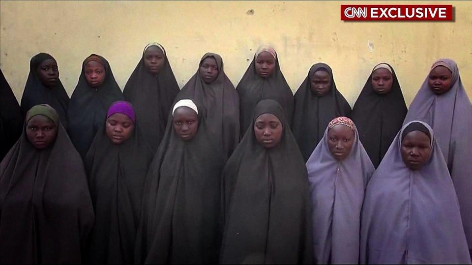 This video grab made on April 14, 2016 from a video obtained via a CNN footage that the Nigerian government has said is a "proof of life" video being studied, that shows 15 of the more than 200 schoolgirls abducted by Boko Haram