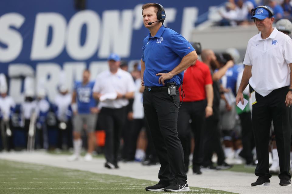 Memphis Tigers Head Coach Ryan Silverfield walks the sidelines as his team takes on the Mississippi State Bulldogs at Liberty Bowl Memorial Stadium on Saturday, Sept. 18, 2021.