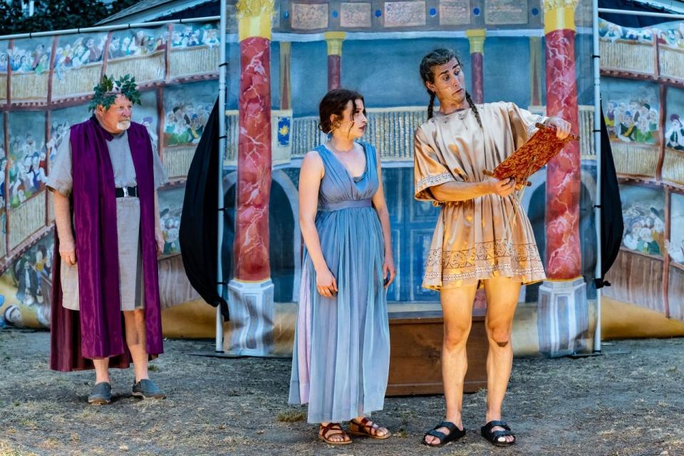 Performing in "A Midsummer Night's Dream" in the new outdoor Cape Cod Shakespeare Festival in Chatham are, from left, Alan Rust, Riley Means and Reid Williams.