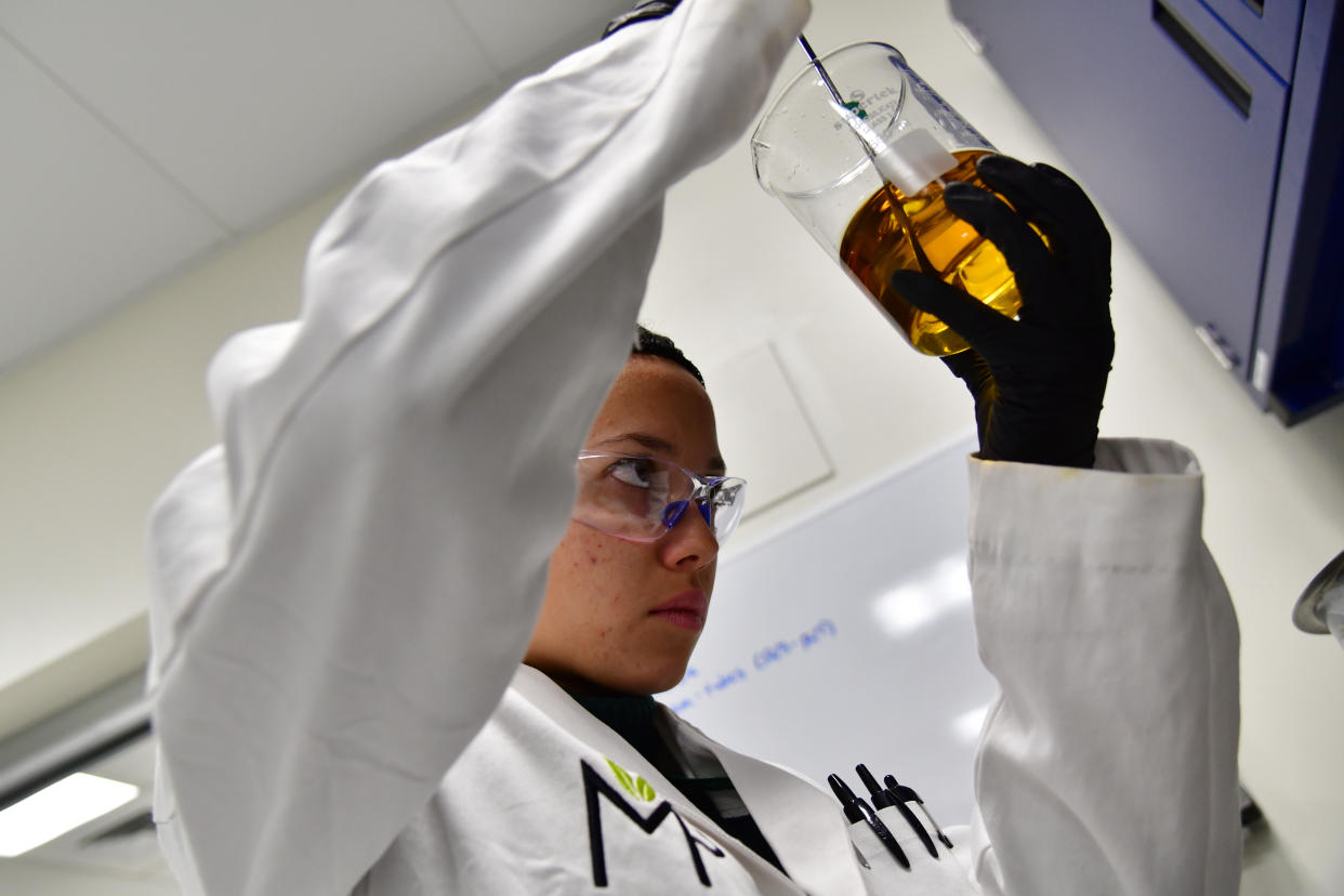 DENVER, CO - DECEMBER 7: Formulation technician Petra Miner of MedPharm Research is making a tincture at the lab in Denver. December 7, 2018. MedPharm Holdings is a cannabis research and cultivation company.(Photo by Hyoung Chang/The Denver Post via Getty Images)