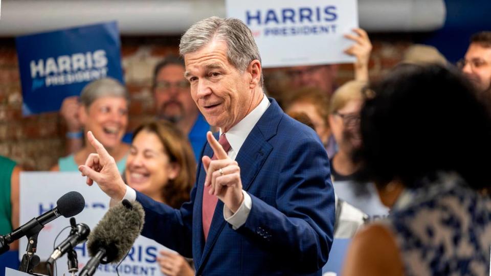Gov. Roy Cooper speaks during a Harris campaign event in Raleigh on Thursday, July 25, 2024. Cooper is on Vice President Kamala Harris’ short list of potential running mates.