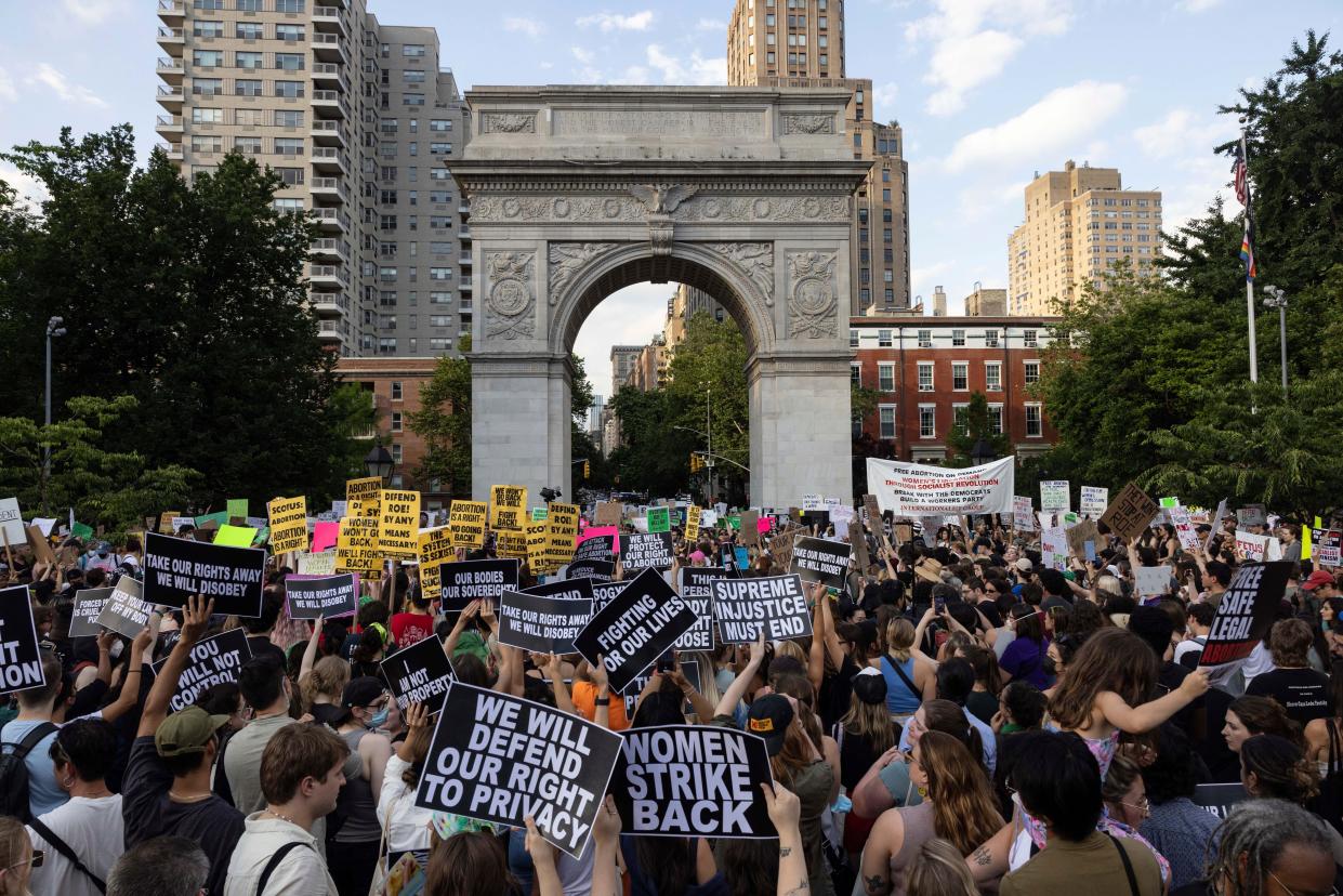 FILE - Abortion rights activists gather for a protest following the U.S. Supreme Court's decision to overturn Roe v. Wade, at Washington Square Park, Friday, June 24, 2022, in New York. The Supreme Courtâ€™s overturning of Roe v. Wade has ushered in a new era of funding on both sides of the abortion debate. With the legality of abortion now up to individual states to determine, an issue that was long debated by legislators and philanthropists when it was merely theoretical is suddenly a real-world circumstance for people across the country.  (AP Photo/Yuki Iwamura)