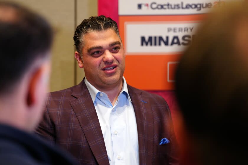 PHOENIX, AZ - FEBRUARY 15: Perry Minasian, General Manager of the Los Angeles Angels, speaks to the media during the Spring Training Cactus League Media Day at Arizona Biltmore on Wednesday, February 15, 2023 in Phoenix, Arizona.  (Photo by Daniel Shirey/MLB Photos via Getty Images)