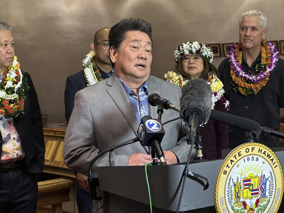 State Rep. Kyle Yamashita, the House Finance Committee chairperson, speaks to reporters at the Hawaii State Capitol, the last day of the legislative session, Friday, May 3, 2024 in Honolulu. Hawaii lawmakers on Friday wrapped up a legislative session heavily focused on addressing Maui's needs after last year's deadly Lahaina wildfire. (AP Photo/Audrey McAvoy)